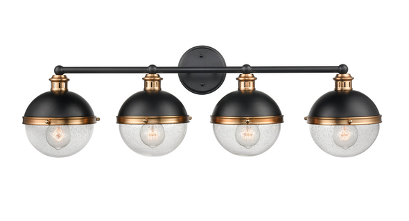 Millennium Lighting Ellmira Four Light Wall Sconce, 4-Light, Medium E26 Base, Matte Black/Aged Brass, Clear Seeded Glass, 120V