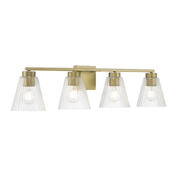Millennium Riville Four Light Vanity, 4-Light, Vintage Brass, Clear Striated Glass, 120V