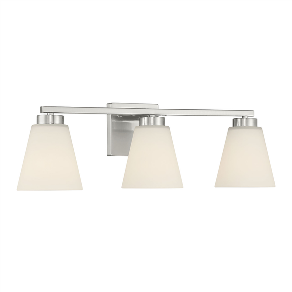 Strayhan Three Light Vanity, Brushed Nickel, 3-Light, 180W, 120V, E26 Medium Base, White Frosted Glass