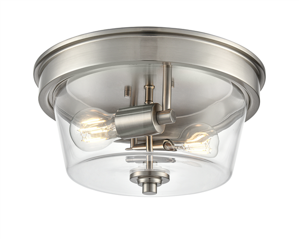 Strayhan Two Light Flush Mount, Brushed Nickel, 2-Light, 120V, 2x60W, Clear Glass