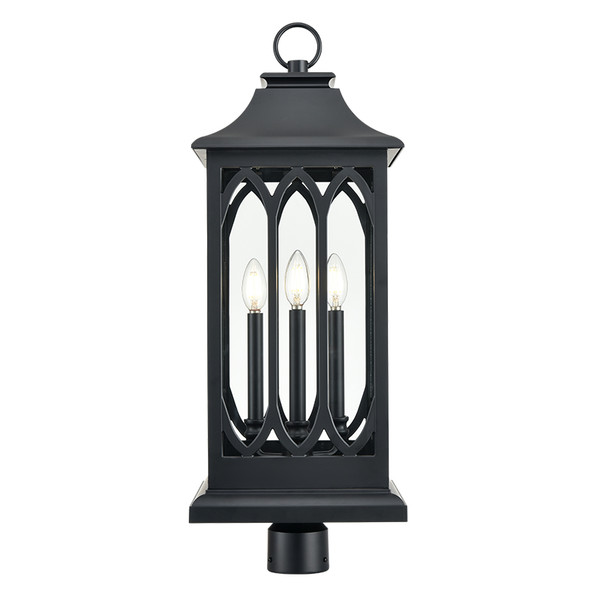 Mallorey Three Light Outdoor Post Mount, Powder Coated Black, 3-Candle, 180W, 120V