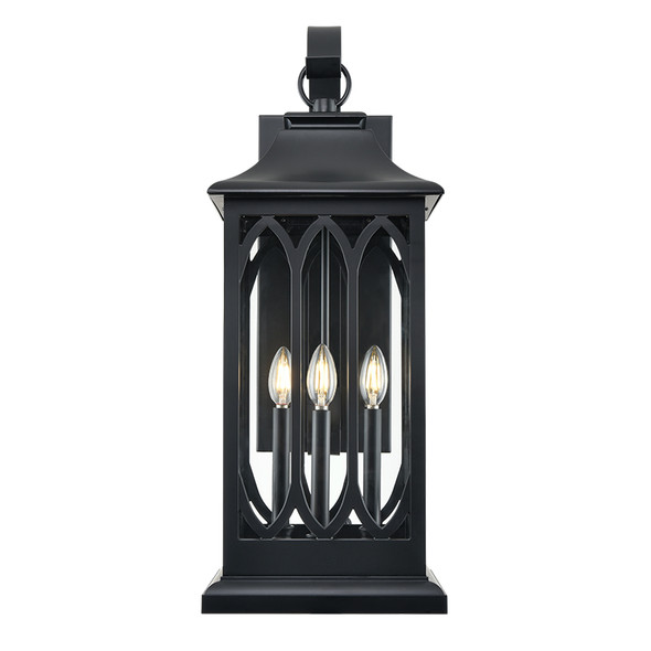 Mallorey Three Light Outdoor Wall Sconce, Powder Coated Black, 3-Candle, E12 Candelabra Base, 120V