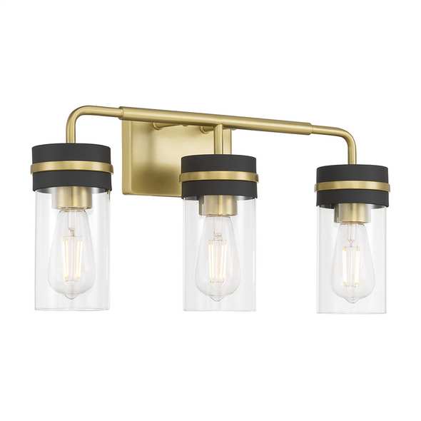 Marbridge Three Light Vanity, 3-Light, Vintage Brass/Matte Black, Clear Glass, 120V