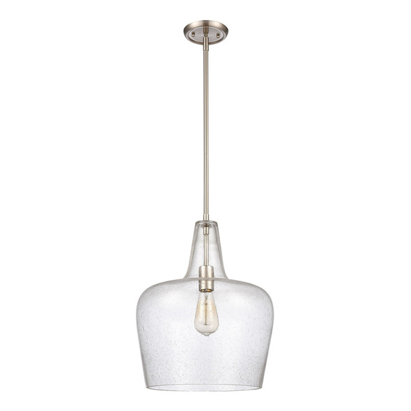 Puckette One Light Pendant, Brushed Nickel, 1-Light, Medium E26 Base, 60W, 120V, Clear Seeded Glass