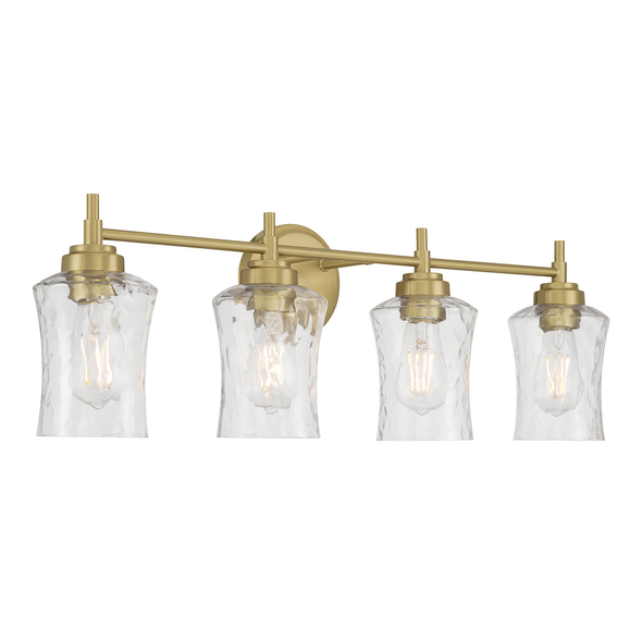 Millennium Lighting Clarvyn Four Light Vanity, 4-Light, Vintage Brass, Clear Stone Water Glass, Medium E26 Base, 120V