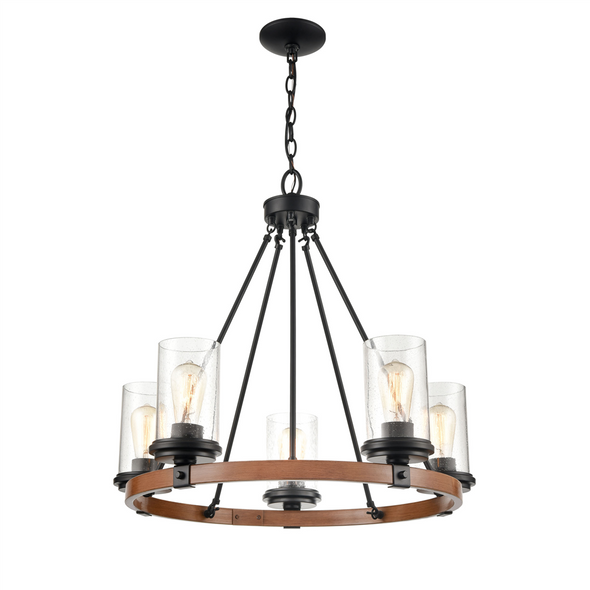 Millennium Lighting Taos Chandelier, 5-Light, Matte Black/Wood Grain, Clear Seeded Glass, E26 Medium Base, 120V
