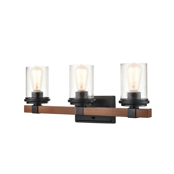 Millennium Lighting Taos 3803 Three Light Vanity, 3-Light, Medium E26 Base, 120V, Matte Black/Wood Grain, Clear Seeded Glass