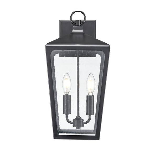 Brooks Two Light Outdoor Wall Mount, Powder Coated Black, Clear Seeded Glass, 2-Candle, E12 Candelabra Base, 120V