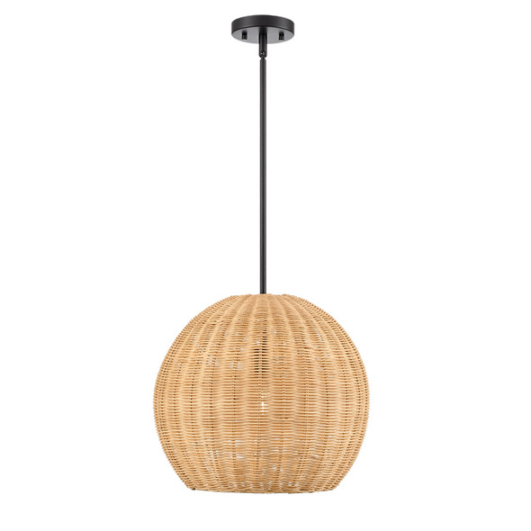 Elise One Light Pendant, Natural Rattan Shade, Matte Black Finish, 1-Light, E26 Medium Base, 100W, 180V
