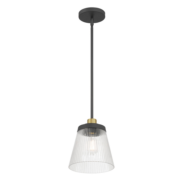 Millennium Lustria One Light Mini-Pendant, 1-Light, Matte Black/Vintage Brass, Clear Striated Glass, 120V
