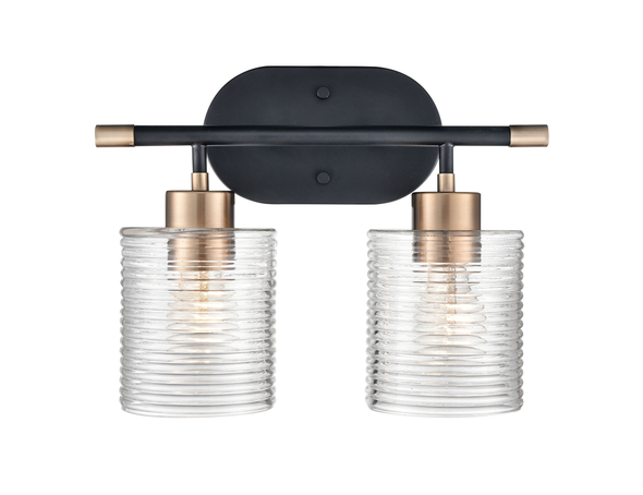 Millennium Lighting Renitta Two Light Vanity, 2-Light, Medium E26 Base, 60W per bulb, 120V, Brushed Nickel/Modern Gold, Clear Ribbed Glass, Damp Location, UL Listed