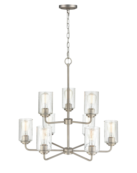 Millennium Lighting Moven 9-Light Chandelier, Satin Nickel, Clear Seeded Glass, 9 x E26 Medium Base, 120V