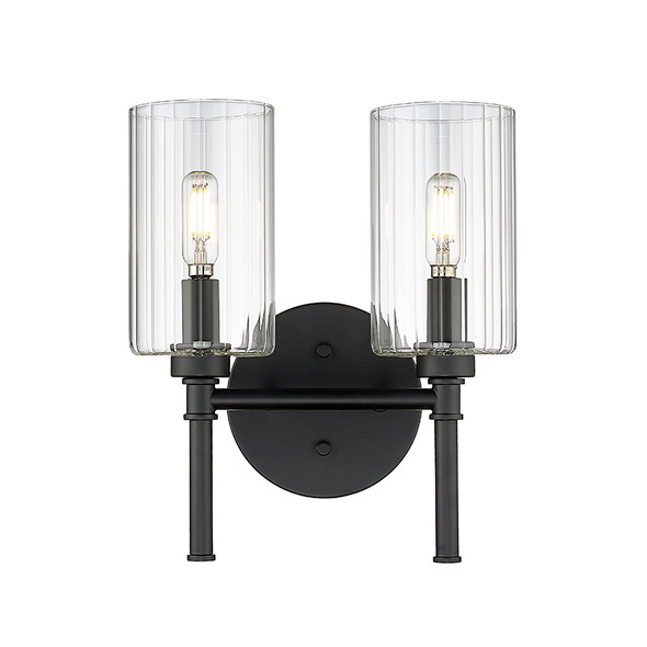 Chastine Two Light Vanity, Matte Black, 2-Light, 120V, 120W Total, E12 Candelabra Base, Clear Beveled Glass