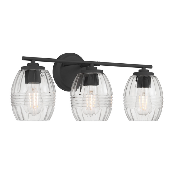 Millennium Miravelle Three Light Vanity, Matte Black, 3-Light, 120V, 180W Total, E26 Medium Base, Clear Ribbed Glass