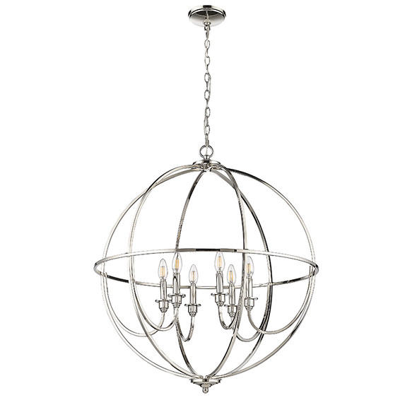 Artemis Six Light Chandelier, Polished Nickel, 6-Candle, 120V