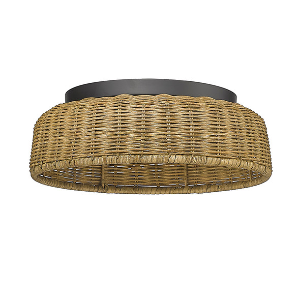 Two Light Flush Mount, Matte Black, Natural Rattan Shade, 2-Light, E12 Candelabra Base, 120V