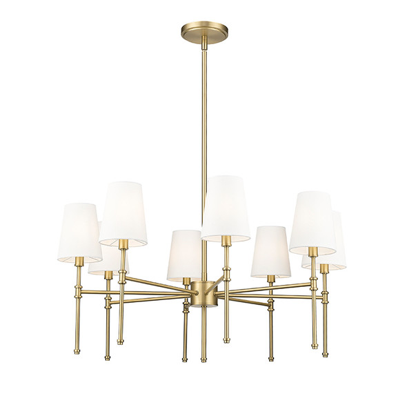 Millennium Adorra Eight Light Chandelier, 8-Light, Vintage Brass, 120V, 480W Total, E12 Candelabra Base, White Linen Fabric Shade