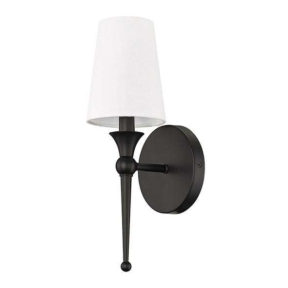 Millennium Lighting 17101 One Light Sconce, Matte Black, 1-Light, 60W, 120V, E12 Candelabra Base, White Linen Fabric Shade, Damp Location