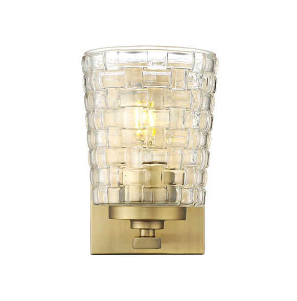 Saben One Light Sconce, Vintage Brass, 1-Light, E26 Medium Base, 120V, 60W, Clear Woven Lattice Glass