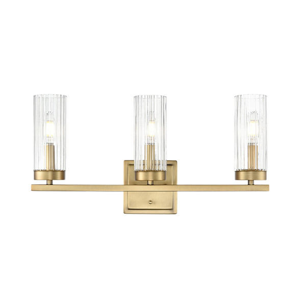 Iversen Three Light Vanity, Vintage Brass, 3-Light, 180W, 120V, E12 Candelabra Base, Clear Reeded Glass