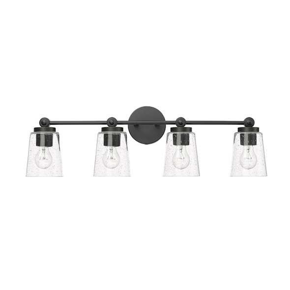 Lauryn Four Light Vanity, 4-Light, Matte Black, Clear Seeded Glass, 120V, E26 Medium Base