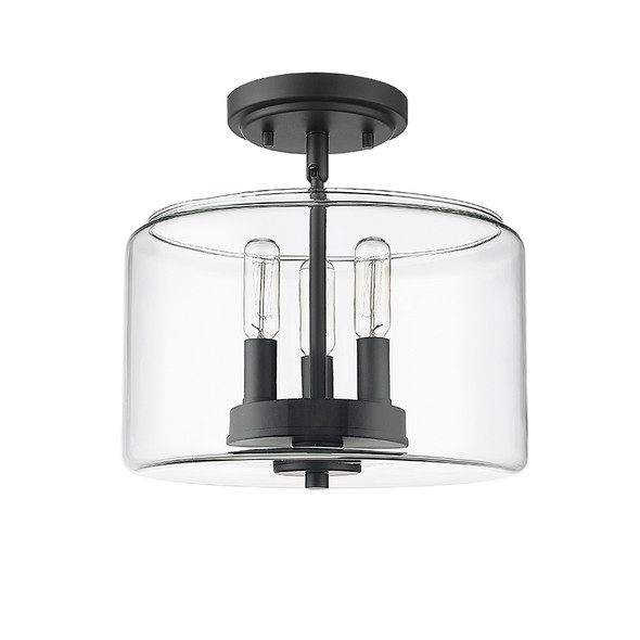 Asheville One Light Semi-Flush Mount, Matte Black, 11"W x 10.6"H, Clear Glass, 3 x E26 Medium Base, 120V