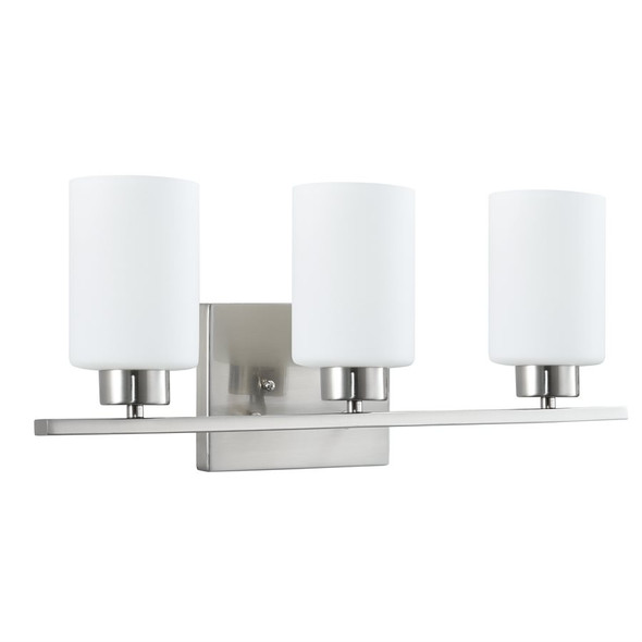Sunlite 3-Light Cylinder Glass Vanity Fixture, Brushed Nickel, Frosted White Glass