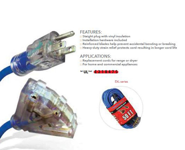 Outdoor Extension Cord, 50 Feet, SJTW 12AWG/3 Conductor, 125V, Lighted Plug, Blue