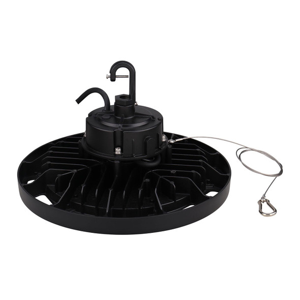 HoverBay Round Highbay, 150W, CCT Selectable, Universal Voltage 120-277 VAC, Black Housing, 6' 120V Cord and L5-15P Plug