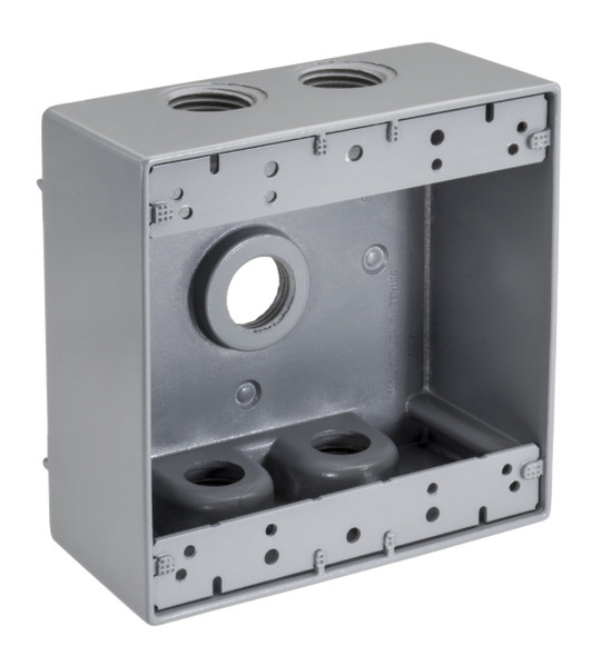 Garvin Industries WB2550, Double Gang Die Cast Aluminum Box, 5 Hole, 1/2" Threaded Hub, 31 cu in, 4.56" x 4.56" x 2"
