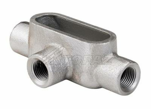 Garvin Industries T Type Form 7 Rigid Conduit Body, 4 Inch, 3 Hubs, 250 MCM Max Wire, 231 in³ Volume, Zinc Plated Gray Iron