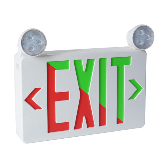 LED Exit Sign with Emergency Lights, Self-Diagnostic, Red/Green Selectable, 120-277VAC, Ni-Cad Battery
