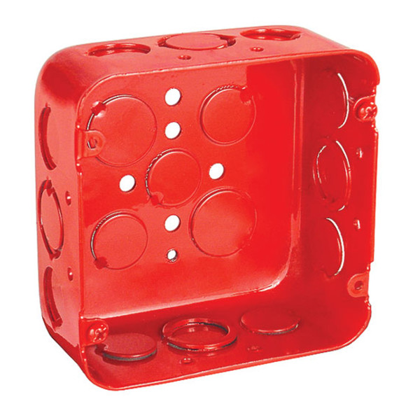 Garvin Industries 72171-RED, 4-11/16" Square Life Safety Box, 2-1/8" Deep, Drawn, With Conduit Knockouts, Red Finish
