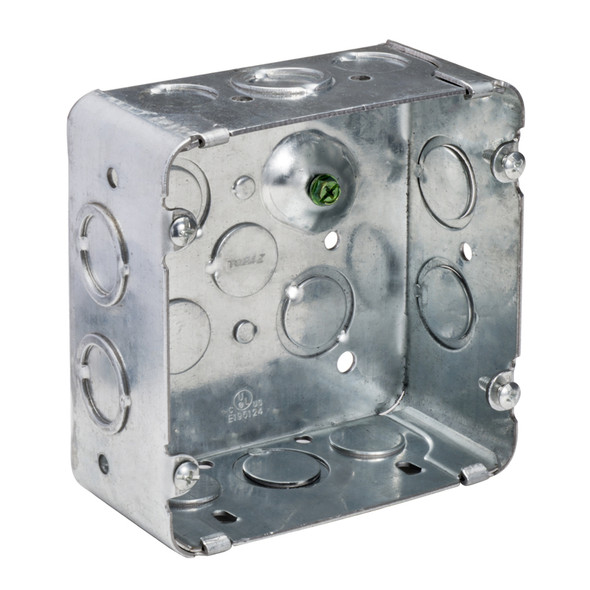 4-11/16" Square Electrical Box, Galvanized Steel, 2-1/8" Deep, 1/2" & 3/4" Combination Knockouts