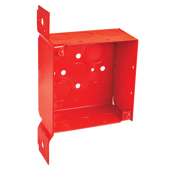 Garvin Industries 4" Square Bracketed Life Safety Box, 2-1/8" Deep, Welded, Flat Vertical Bracket, Conduit KO's, Painted Red