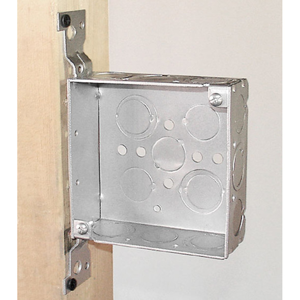 Garvin Industries 4" Square Bracketed Box, 2-1/8" Deep, Welded, Flat Vertical Bracket, Conduit Knockout