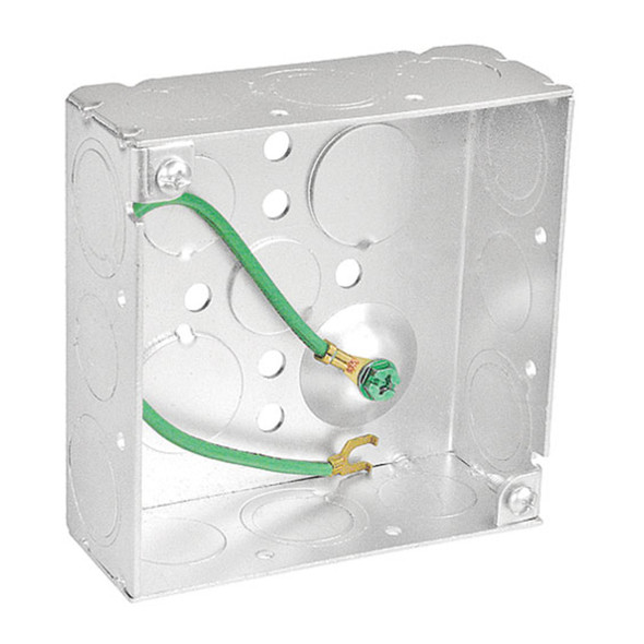 Garvin Industries 52151-SPT, 4" Square Box, 1-1/2" Deep, Welded, Conduit KO's, Pre-installed 8" Ground Wire, 10-32 Ground Screw