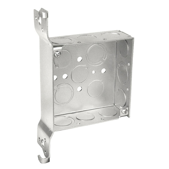 Garvin Industries 4" Square Bracketed Box, 1-1/2" Deep, Welded, With Conduit Knockouts, Vertical Wood Spike Bracket