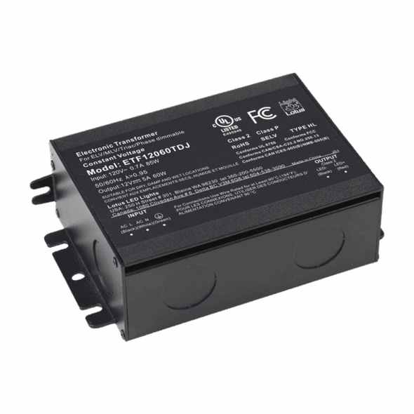 Lotus LED Lights ETF12060TDJ, 12V DC 60W Dimmable Electronic Transformer in Junction Box, Triac/ELV/MLV Dimmable