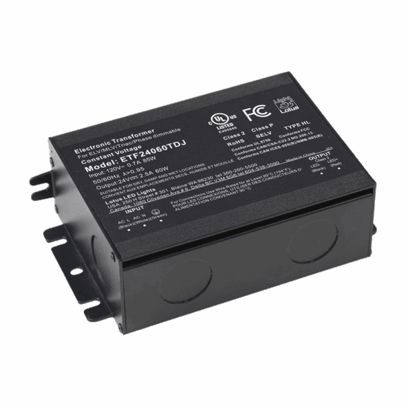 Lotus LED Lights ETF24060TDJ, 24V DC 60W Dimmable Electronic Transformer, Triac/ELV/MLV, Junction Box