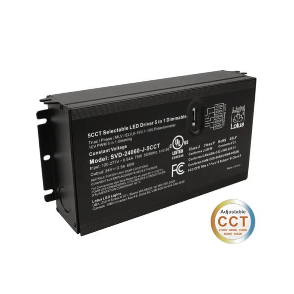 Lotus LED Lights SVD-24060-J-5CCT, 5CCT Selectable, 24V Constant Voltage, 60W, 5-in-1 Dimmable Driver
