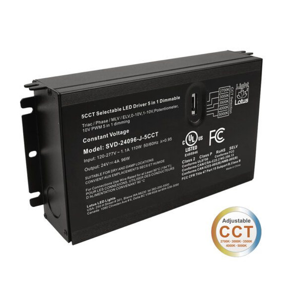 Lotus LED Lights SVD-24096-J-5CCT, 5CCT Selectable, 24V, 96W, 120-277V, 5-in-1 Dimmable LED Driver