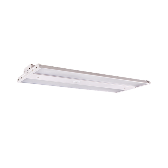 Eiko Premise LHB4-Series Linear High Bay, 90W, 4000K, 120-277V, Leviton PIR motion sensor low mount lens dimming 120-347V