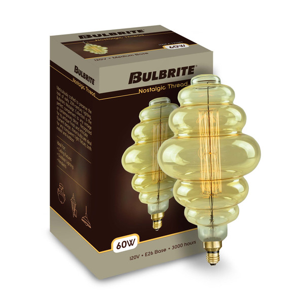 Bulbrite Grand Nostalgic Collection 60 Watt Dimmable Beehive Shape Oversized Decorative Incandescent Light Bulb With Medium (E26) Base, 2200K Amber Light, Antique Glass Finish - alternate image 2