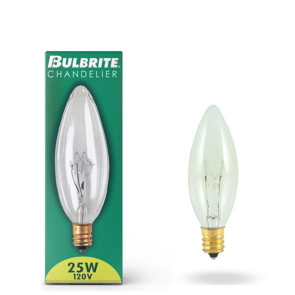Bulbrite Incandescent 25 Watt B8 Torpedo Light Bulb With A Clear Finish And Candelabra Screw (E12) Base, 2700K (Warm White Light) - alternate image 2