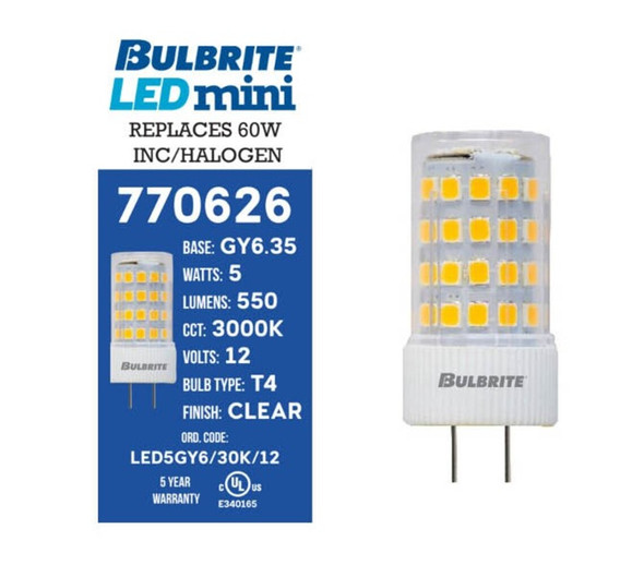 LED Filament 5 Watt T7 Light Bulb With A Clear Finish And A Bi-Pin Gy6.35 Base - 3000K (Soft White Light) 550 Lumens - alternate image 2