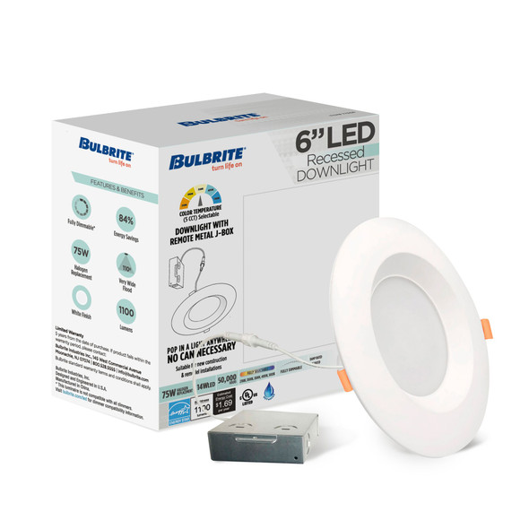LED 6" Round Recessed Downlight Fixture With Metal Jbox, 75W Equivalent, 5 CCT - 27/30/35/40/50K - alternate image 2