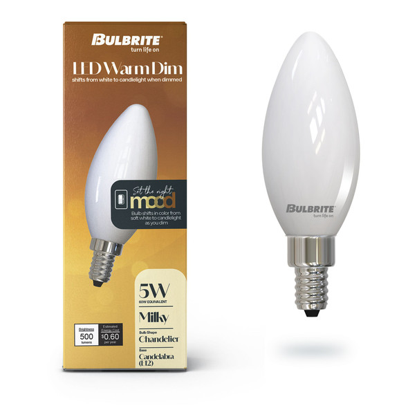 LED Filament 5 Watt B11 Light Bulb With A Milky Finish And A Candelabra Screw E12 Base - 3000K-1800K Color Temperature, 500 Lumens - alternate image 2