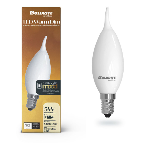 LED Filament 5 Watt CA10 Light Bulb With A Milky Finish And A Candelabra Screw E12 Base - 3000K-1800K Color Temperature, 500 Lumens - alternate image 2