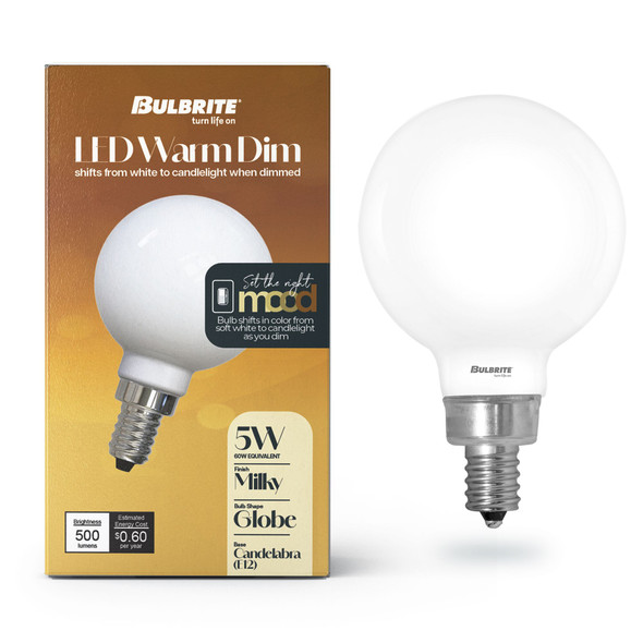 LED Filament 5 Watt G16 Light Bulb With A Milky Finish And A Candelabra Screw E12 Base - 3000K-1800K Color Temperature 500 Lumens - alternate image 1